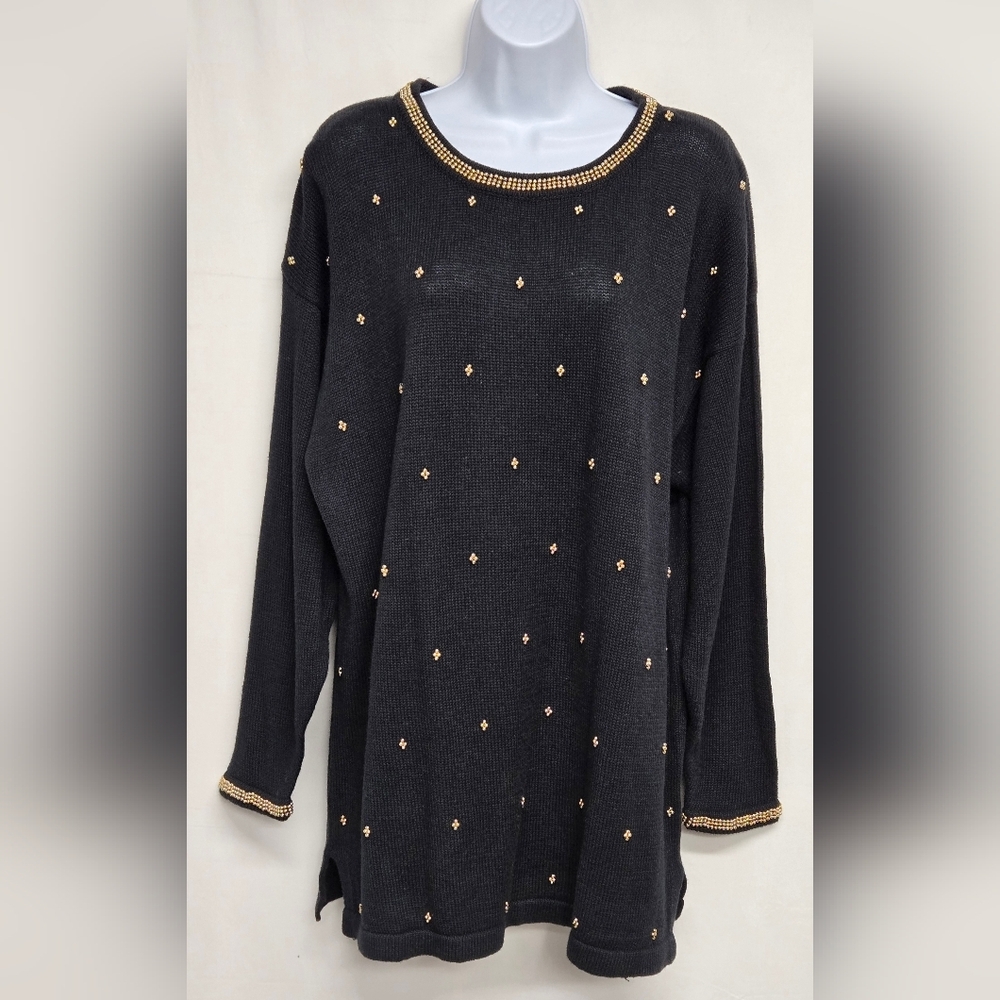Maurada 1X Vintage Pullover Sweater Black Gold Beaded Longer Length